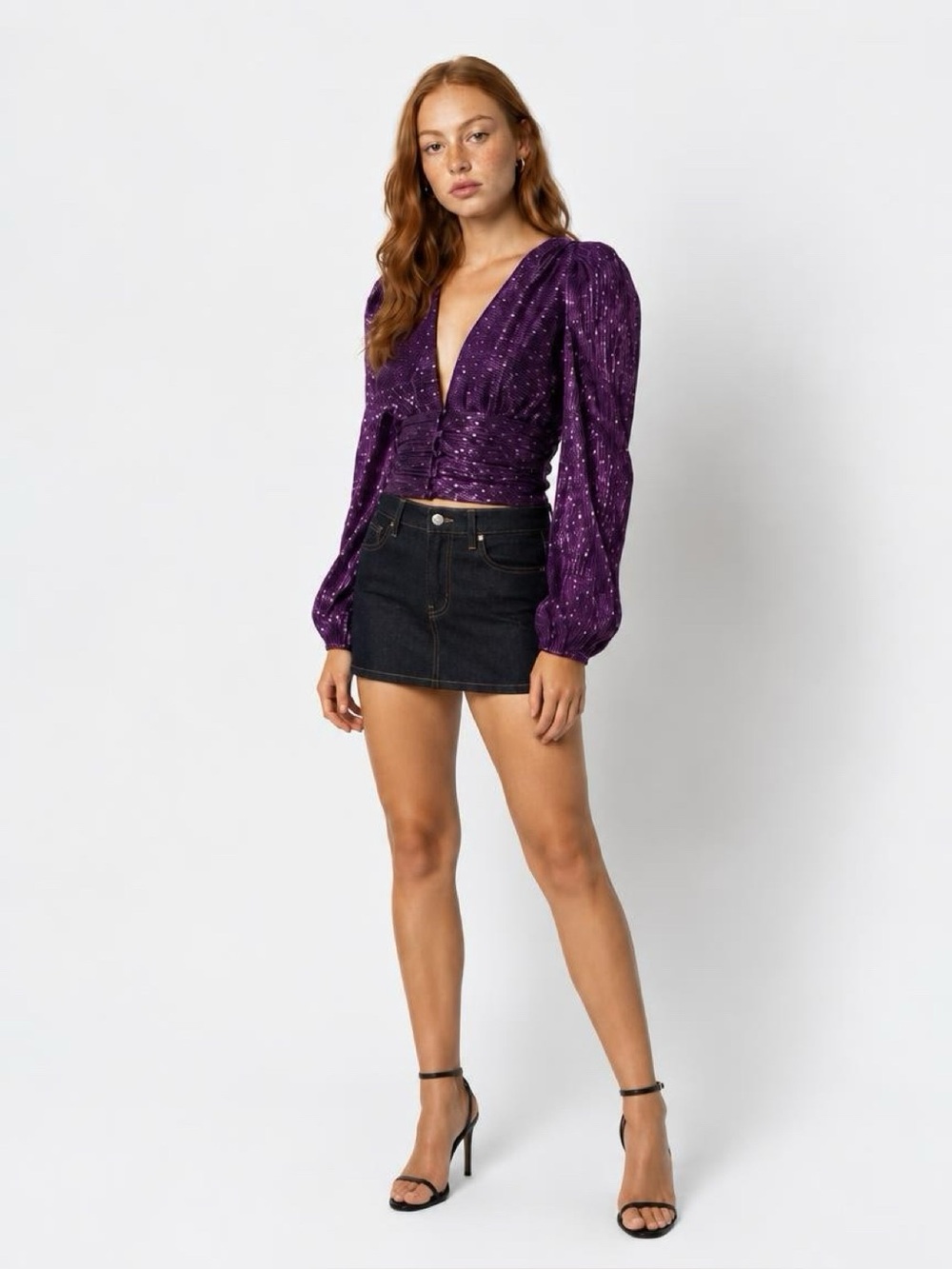 For love and lemons Purple Polka Dot V-Neck Ruched Blouse